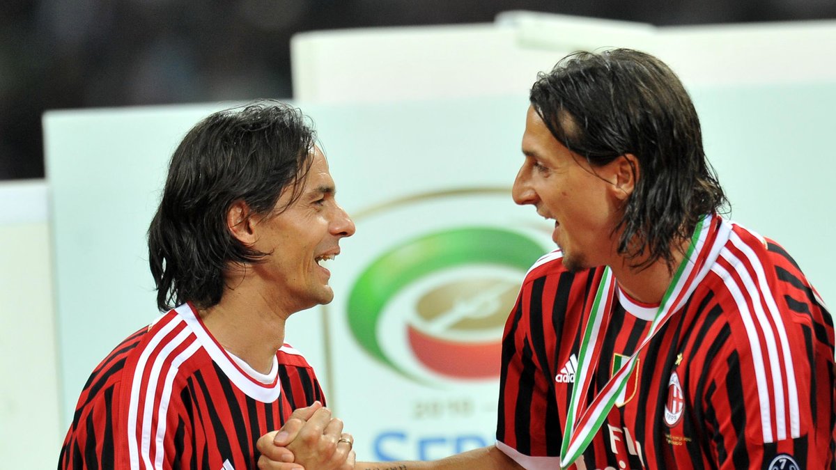 Filippo Inzaghi och Zlatan firar Milans ligaguld.