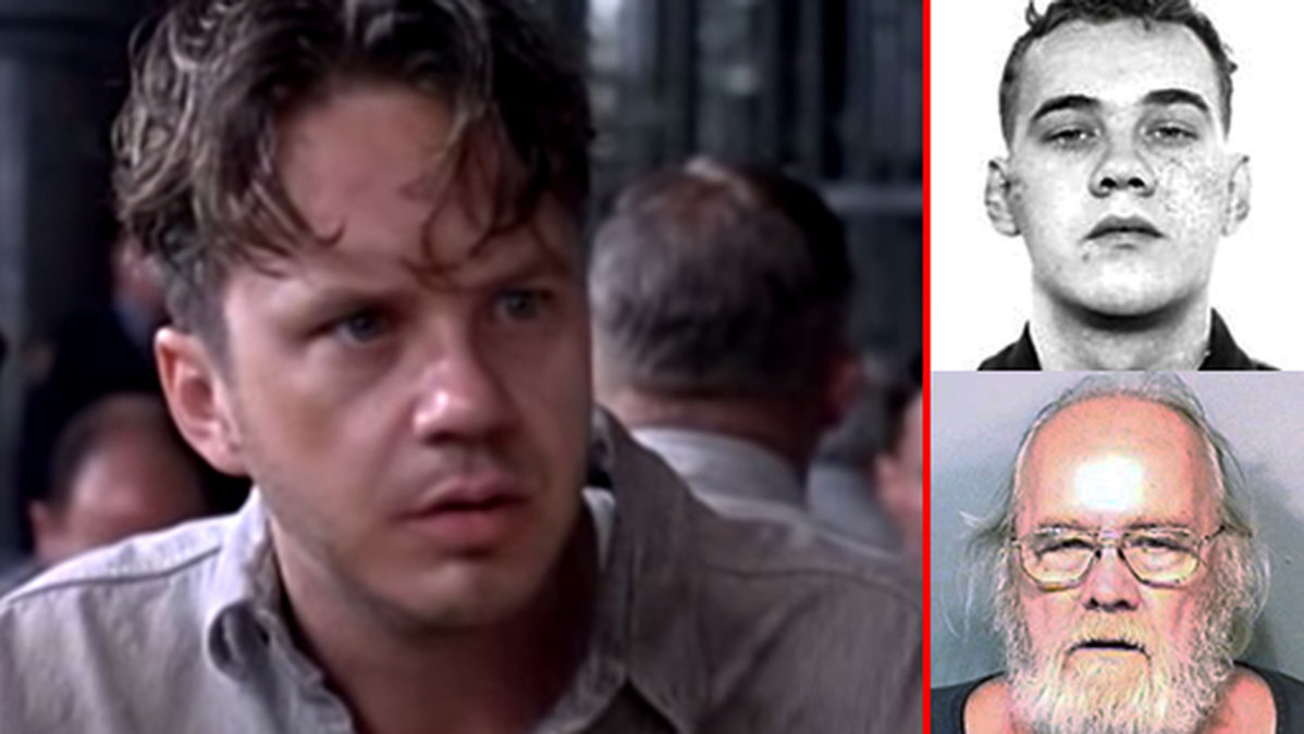 Tim Robbins, till vänster, spelade den dubbelt livstidsdömda fången Andy Dufresne i filmen "Nyckeln till frihet". Till höger: Frank Freshwater som rymde från fängelset och har varit på rymmen i 56 å.