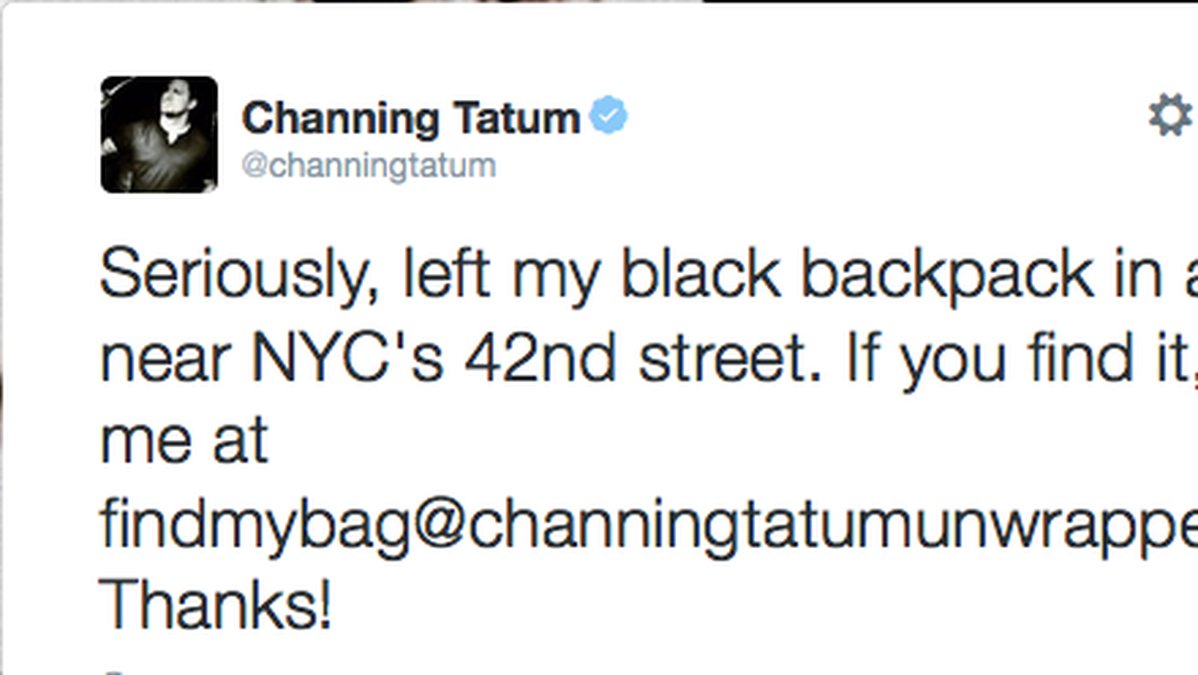 Tatum skapade sedan en mejl till de som kunde tänkas hitta hans väska. 