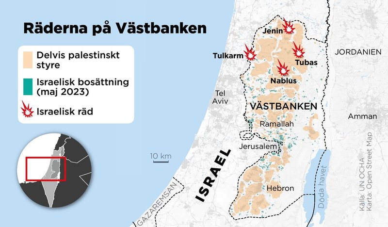Kartan visar de platser på Västbanken där Israel genomfört räder.