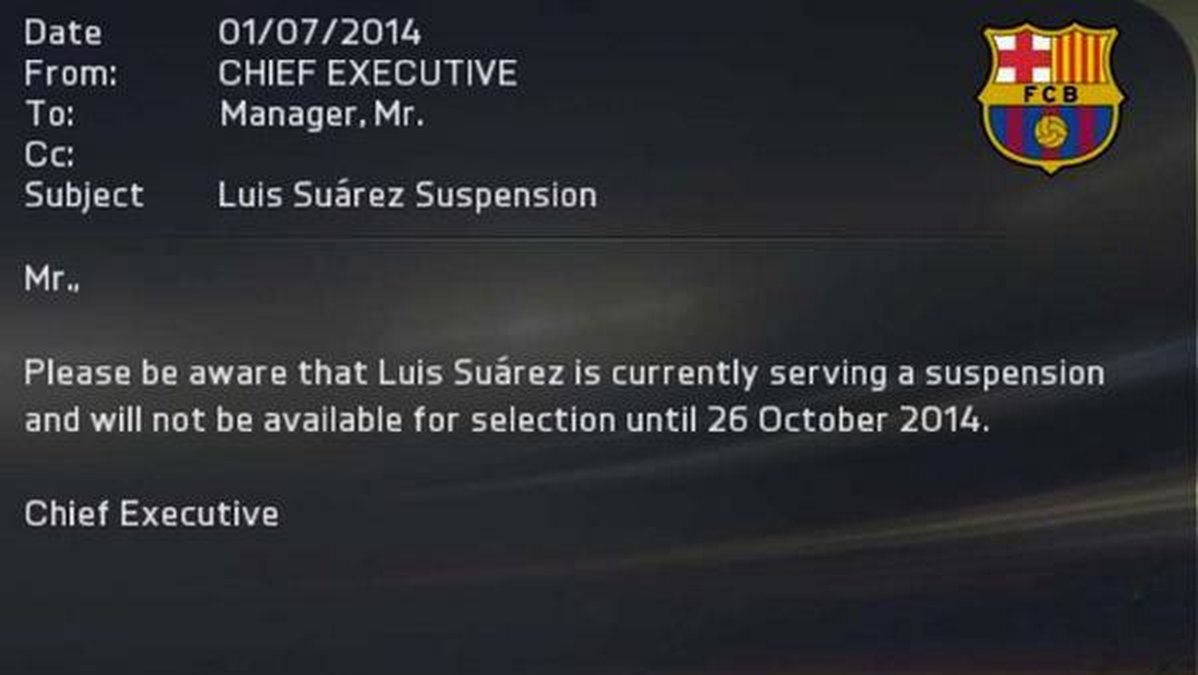 Suárez är avstängd även i tv-spelet Fifa 15. 
