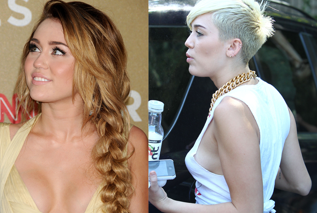 Till vänster: Miley i den där Cavalliklänningen som startade ryktet. Till höger: Ute på stan – behålös tidigare i år. 