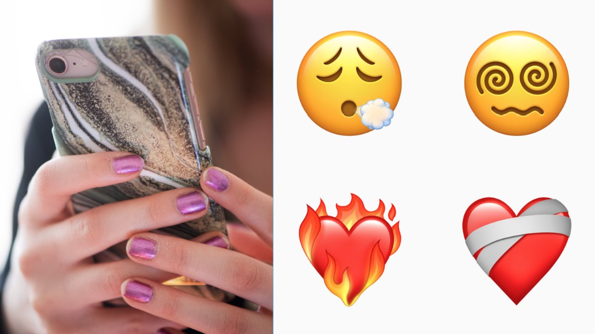 En hand som håller en mobiltelefon och några av de nya emojisarna.