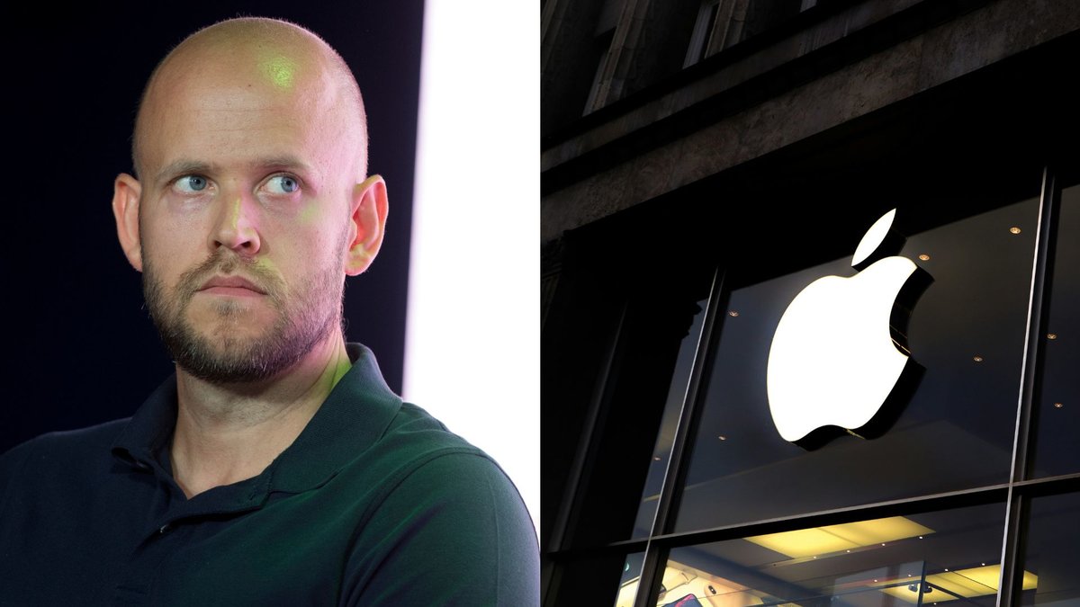 En bild som visar Spotify-grundaren med allvarlig blick bredvid en bild av Apples butiksskylt