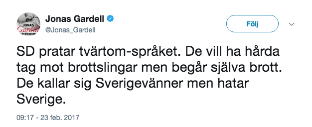 Jonas Gardell går till attack mot Sverigedemokraterna.