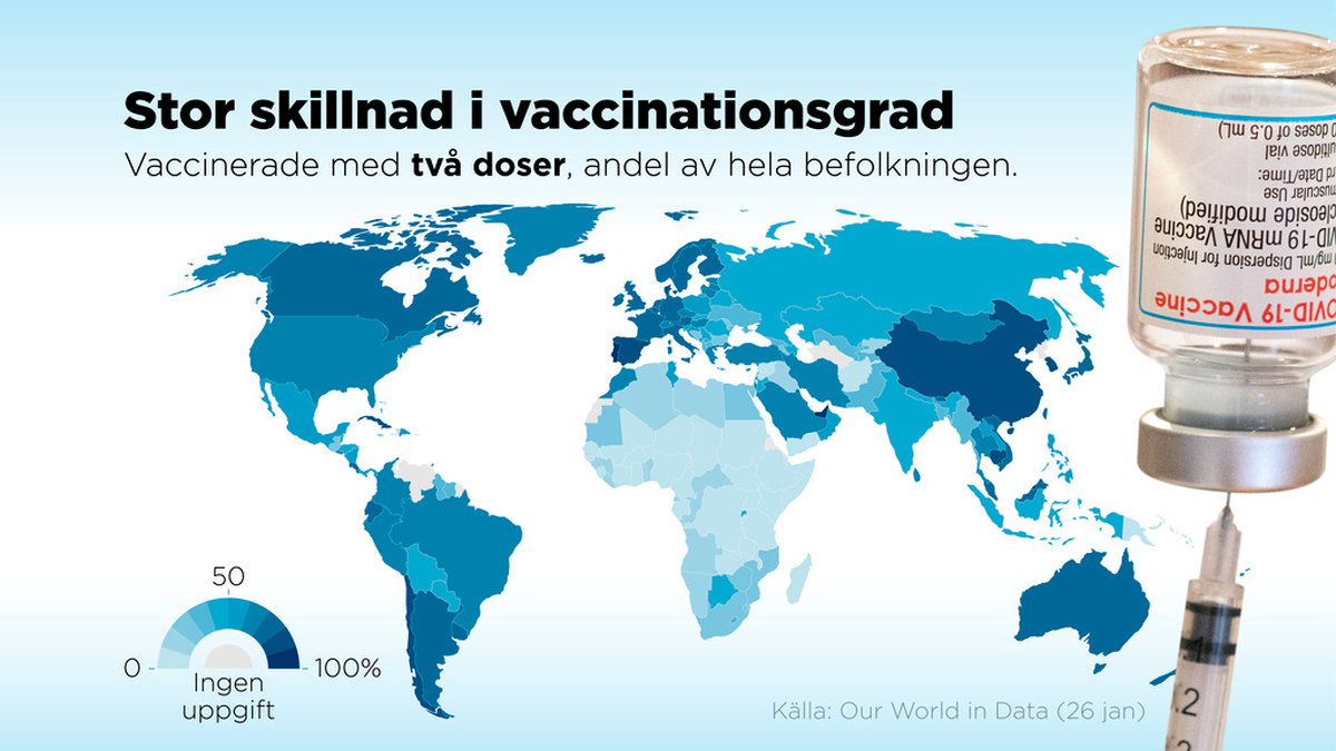 Andel av hela befolkningen som fått två doser vaccin.