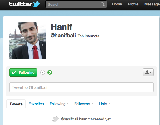 Så här ser Hanif Balis (M) twitterprofil ut på onsdagseftermiddagen. Helt tom på inlägg.