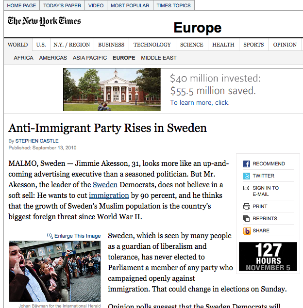 Sverigedemokraterna, Riksdagsvalet 2010, Jimmie Åkesson, New York Times