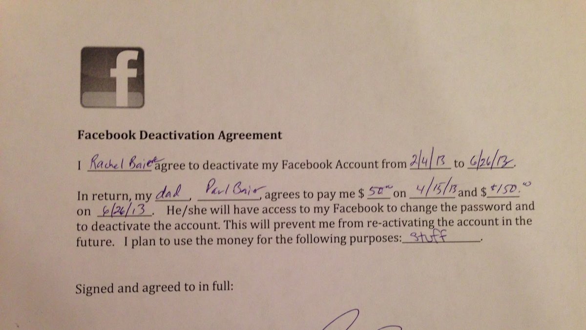 Kontraktet som stoppar 14-åringen från att använda Facebook.