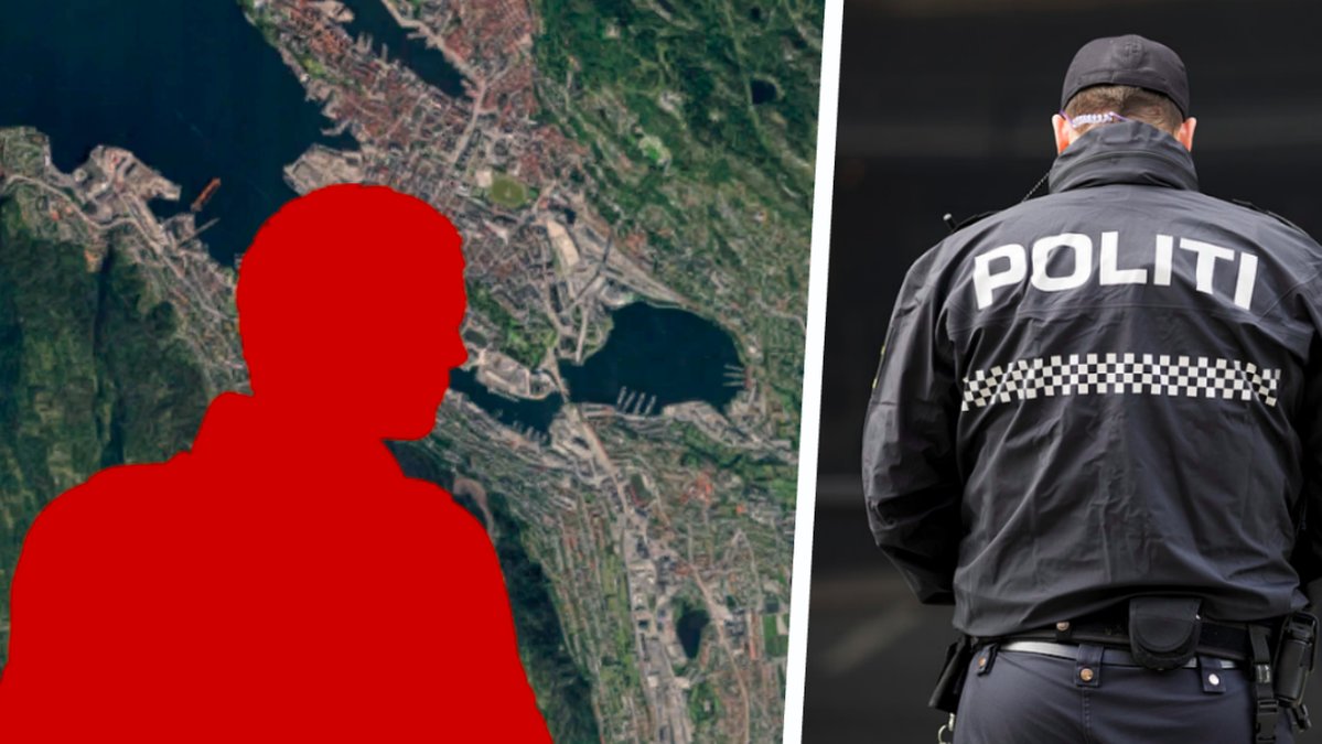 En karta över Bergen och en norsk polis. Kollage. 