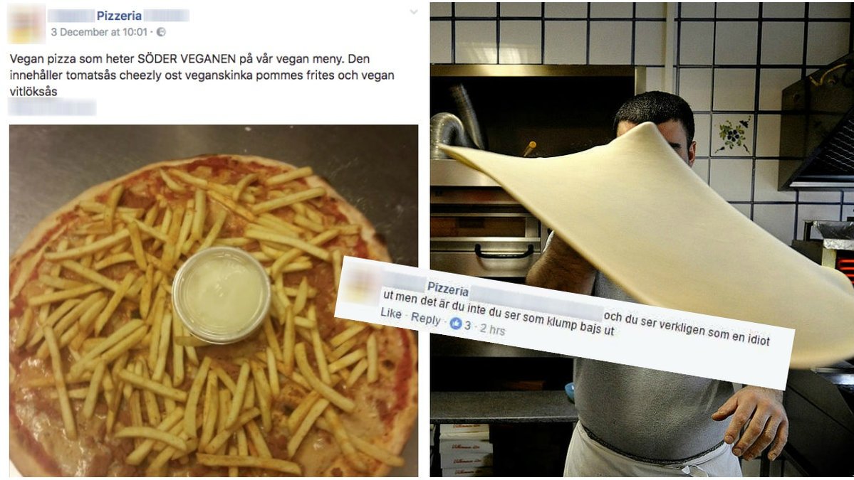 Pizzan som startade hela bråket till vänster. Pizzabagaren på bilden till höger har inget med artikeln att göra. 