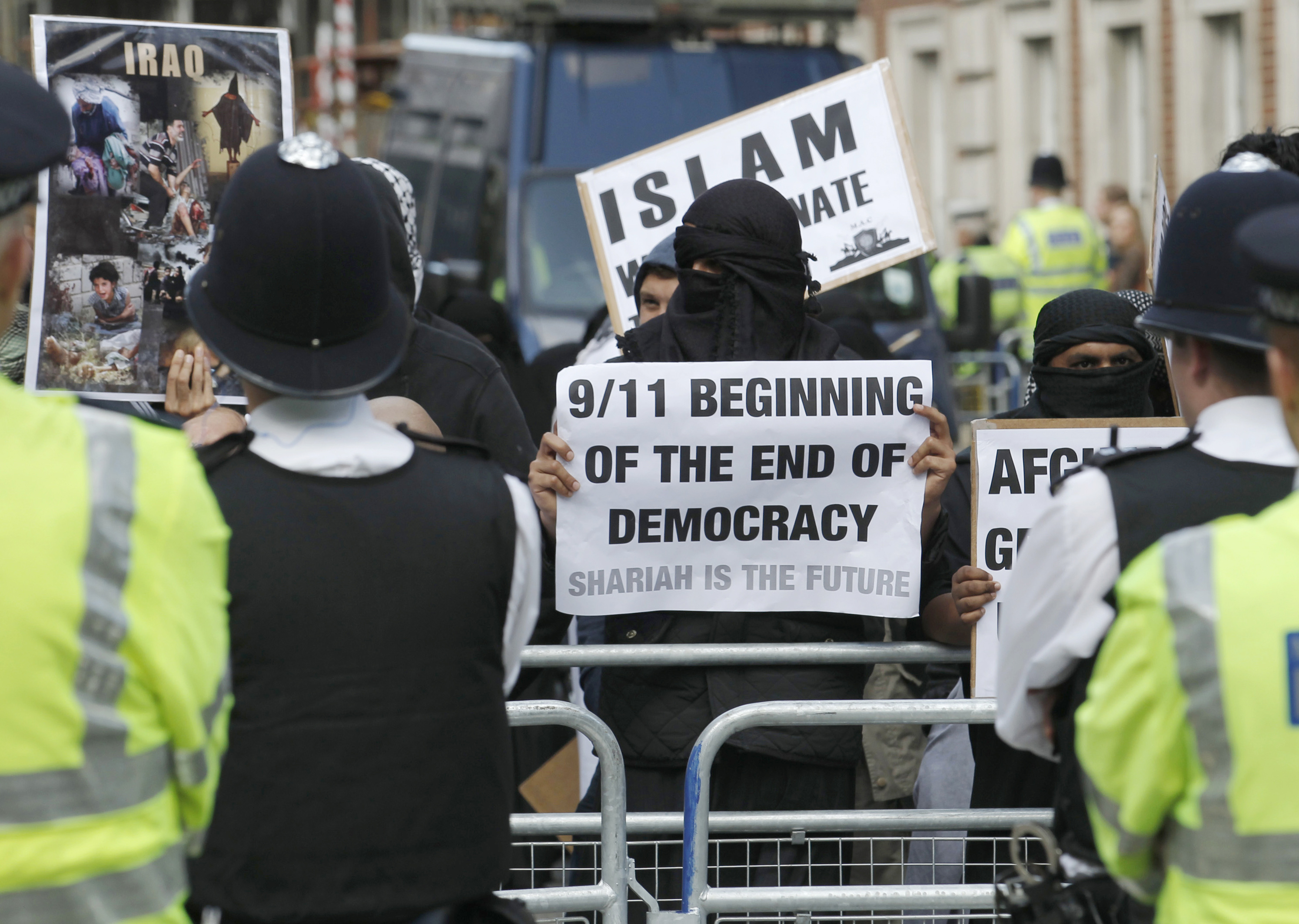 Demonstration, England, Forbud, Muslimer, Protester, Islam