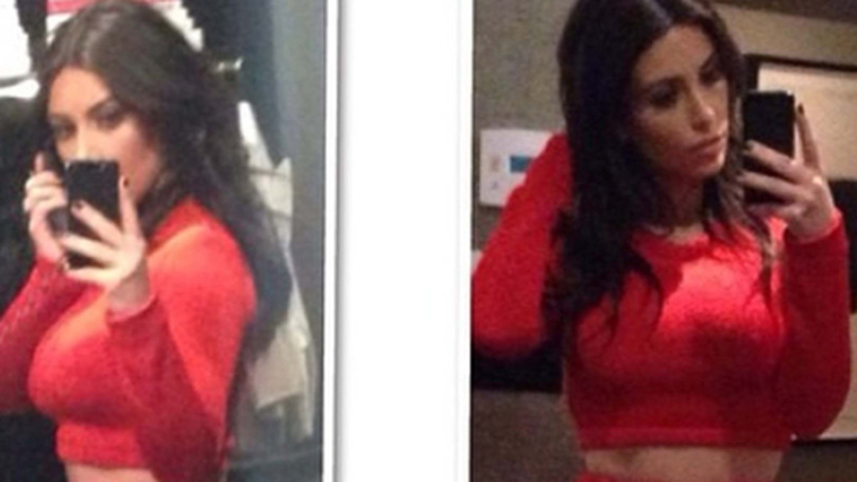 Kim Kardashian i rött från Calvin Klein. 