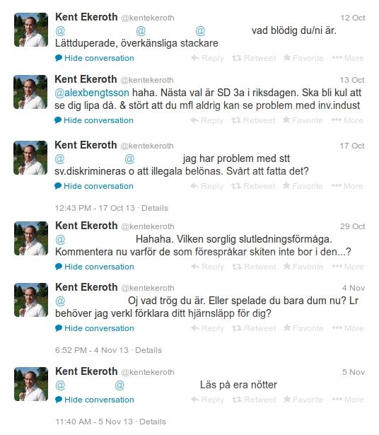 Några av Ekeroths tweets. Klicka vidare för fler exempel.