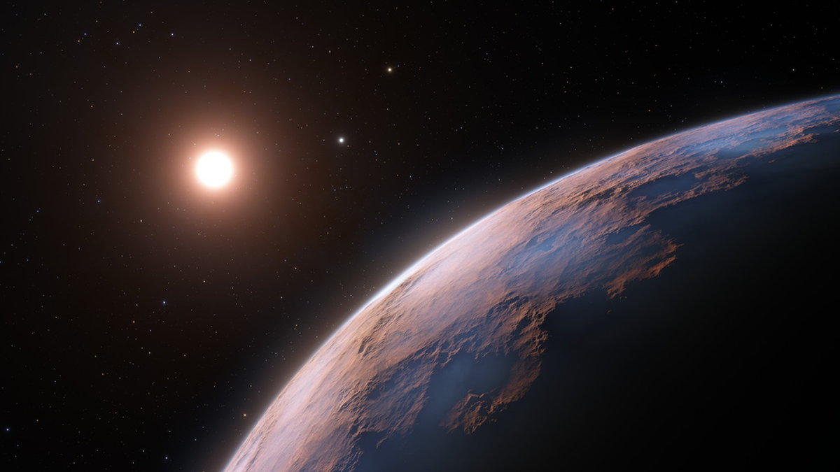 Exoplaneten Proxima d med sin moderstjärna, den röda dvärgstjärnan Proxima Centauri, i bakgrunden enligt en konstnärs bild.