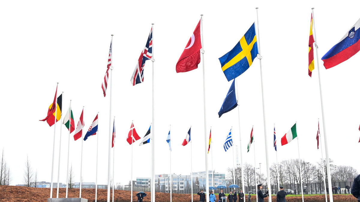 Sveriges flagga hissas på Natos högkvarter i Bryssel.