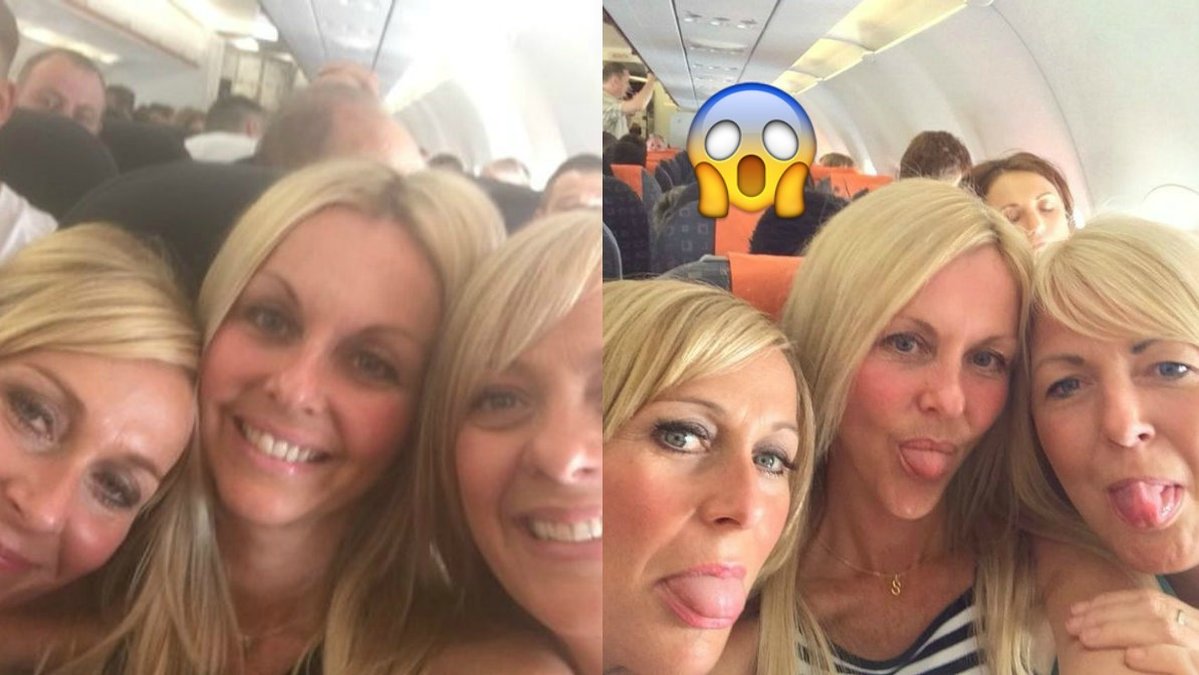 Kvinnorna tog en selfie innan flygplanet lyfte både gångerna det var dags för semester. 