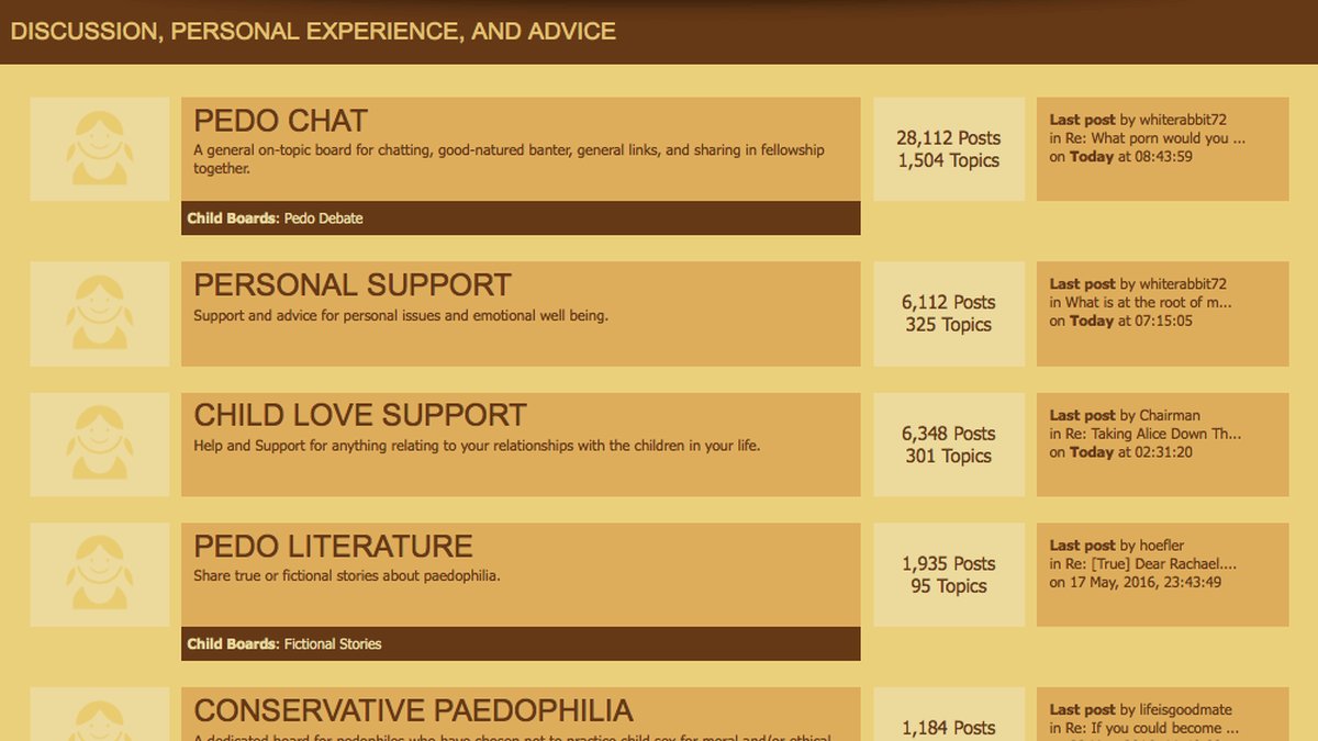 På darknet finns även olika forum för pedofiler. Där diskuteras allt från hur man håller sig säker och anonym till tips, råd och sexuella fantasier.