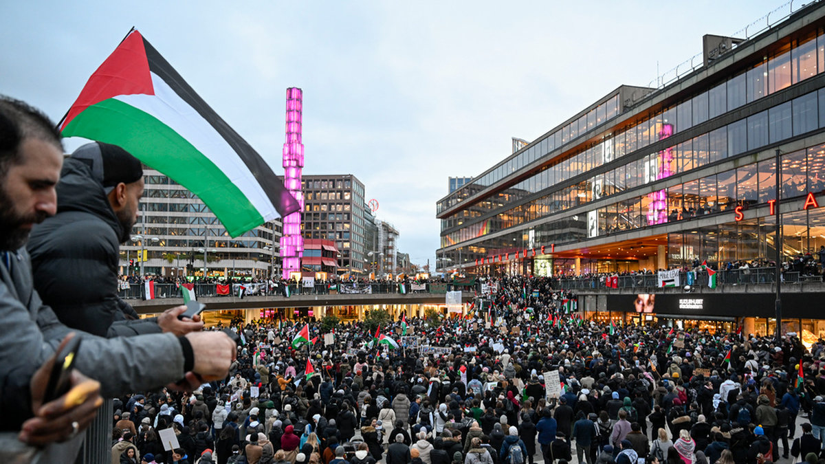 En demonstration anordnades på Sergels torg i Stockholm under söndagen till stöd för palestinierna.