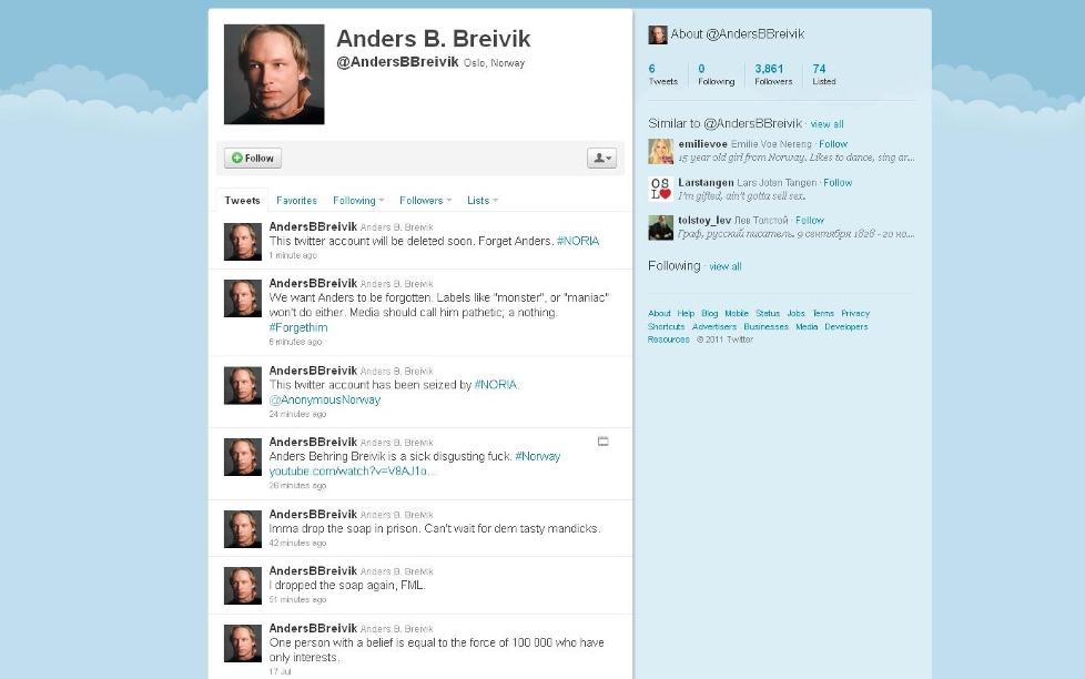 Breiviks twitterkonto hackades i somras, en vecka efter bomben i Oslo och massakern på Utøya.