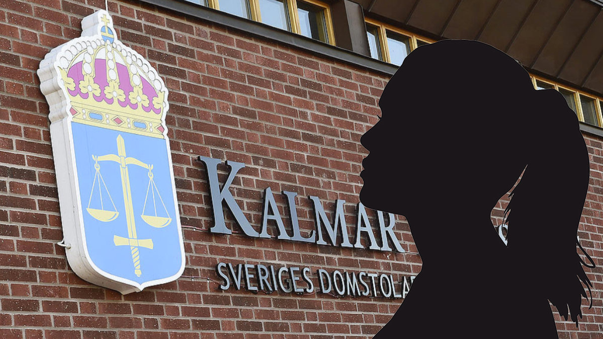Bild vid entrén till Kalmars tingsrätt och siluett av kvinna.