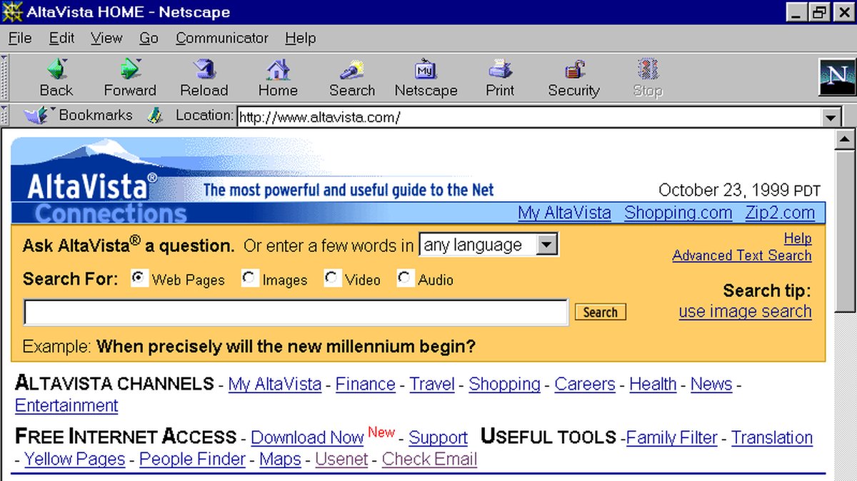 Altavista anno 1999. Inte riktigt lika stilrent som Google.