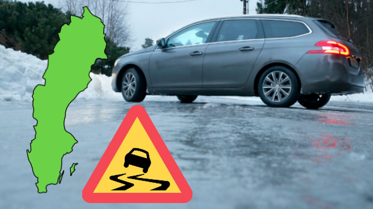 Karta över Sverige. Varning för slirig väg-skylt. Bil som sladdat.