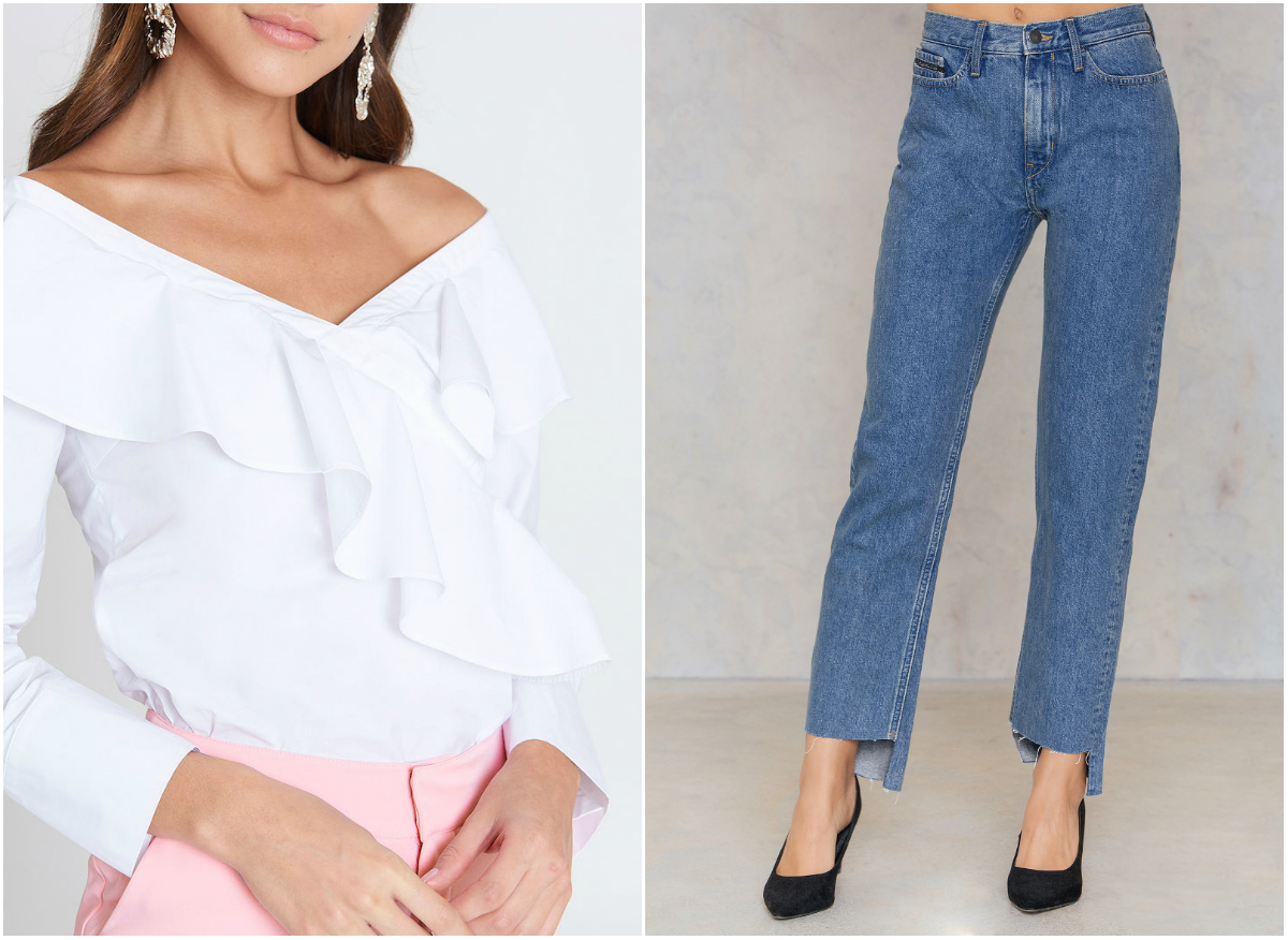 Vit off shoulder-skjorta och raka blå jeans Vit off shoulder-skjorta och raka blå jeans