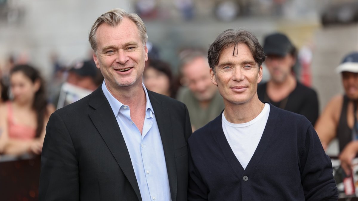 Regissören Christopher Nolan och huvudrollsinnehavaren Cillian Murphy under en pressvisning för 'Oppenheimer' i London.