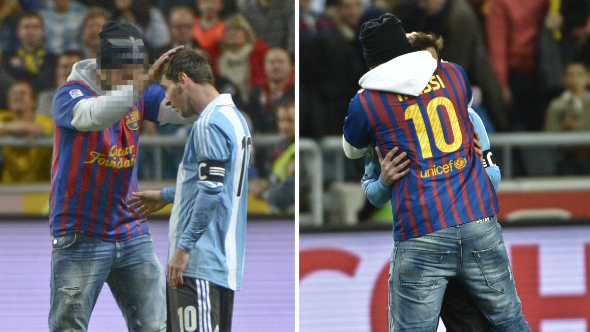 Mannen som sprang in på planen och kramade Messi är dömd för grov misshandel och han avtjänat ett fängelsestraff. 