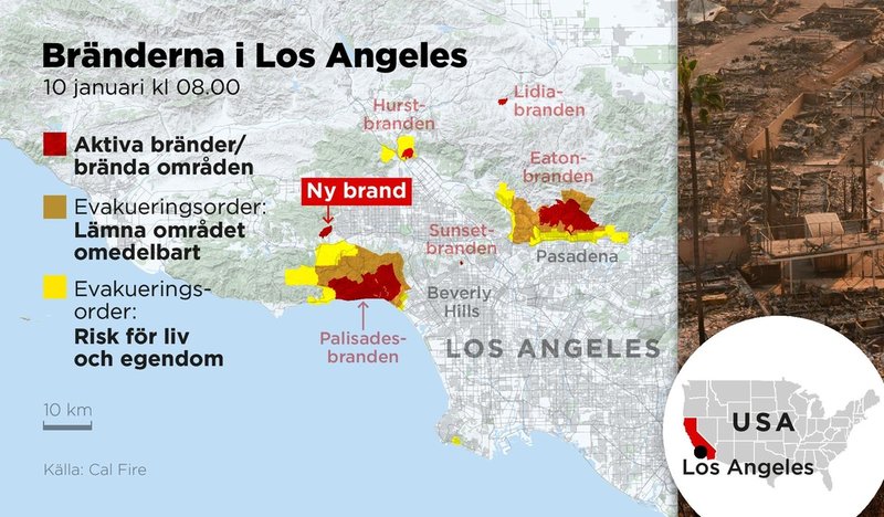 Kartan visar aktiva bränder i Los Angeles den 10 januari samt områden där evakueringsordrar gått ut.