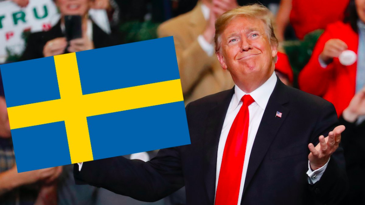 Donald Trump och en svensk flagga. Montage. 