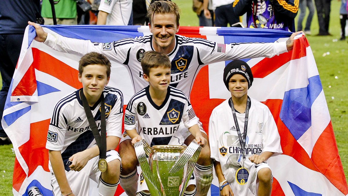 David Beckham med sina söner Brooklyn Joseph, Romeo James och Cruz David.