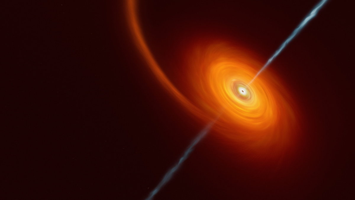 Illustration över hur det kan se ut när en stjärna närmar sig ett svart hål och sträcks ut av det svarta hålets starka gravitation.