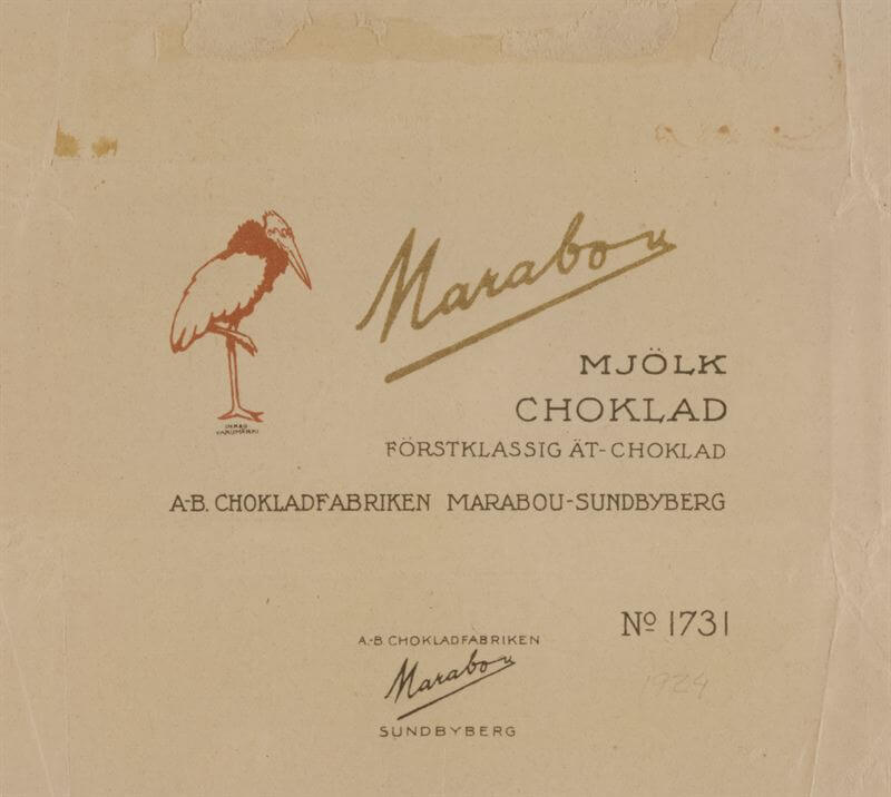 Omslag Marabou chokladkaka 1924. Marabou fick sitt namn lite av en slump. När det norska moderbolaget Freia skulle grunda sitt dotterbolag var namnet Freia nämligen redan upptaget i Sverige. I stället gav man företaget namnet Marabou efter de maraboustorkar som prydde Freias chokladförpackningar. Omslag Marabou chokladkaka 1924. Marabou fick sitt namn lite av en slump. När det norska moderbolaget Freia skulle grunda sitt dotterbolag var namnet Freia nämligen redan upptaget i Sverige. I stället gav man företaget namnet Marabou efter de maraboustorkar som prydde Freias chokladförpackningar.