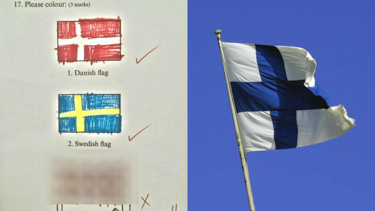En skolelev skulle rita den finska flaggan, men det blev lite fel.
