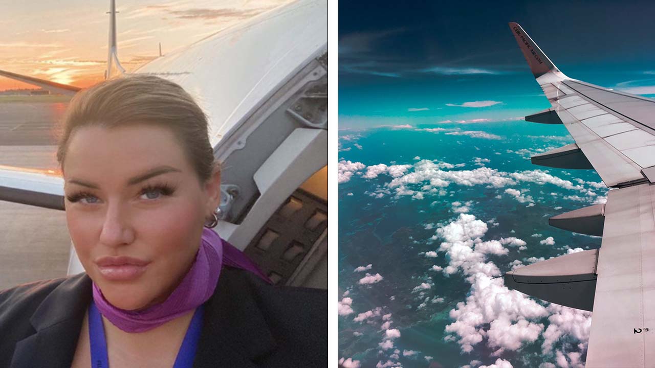 Elin Ronnydottir framför ett flygplan och bild på flygplansvinge