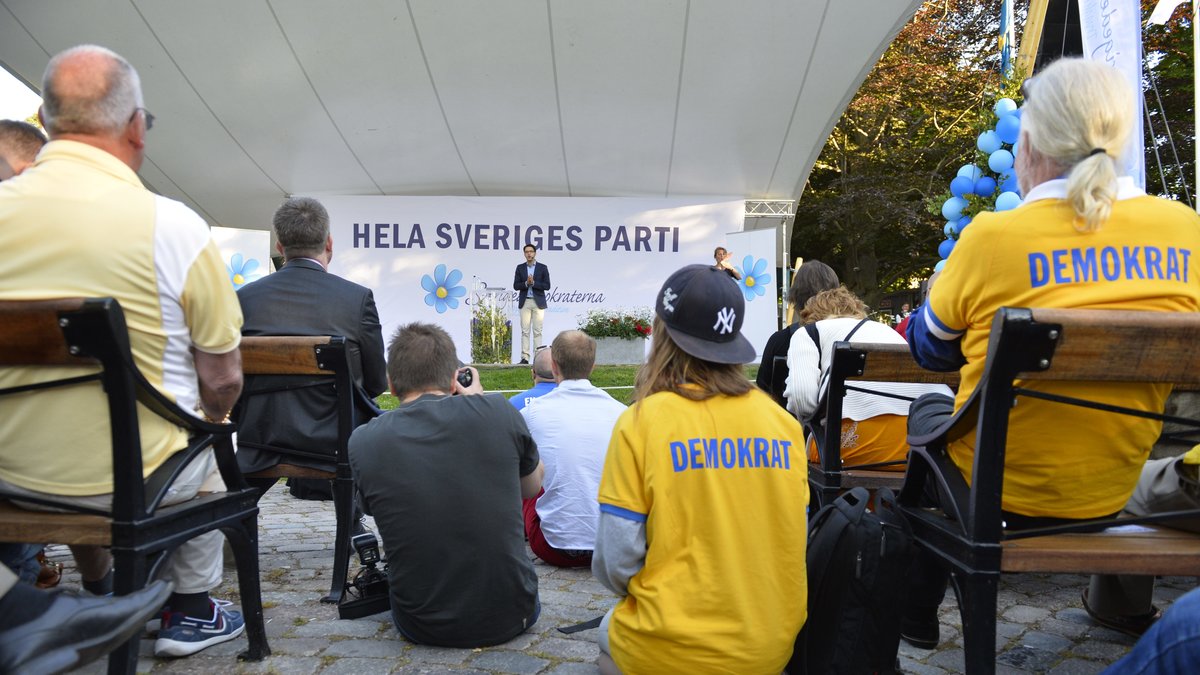 Sverigedemokrater lyssnar på Jimmie Åkessons tal i Almedalen.