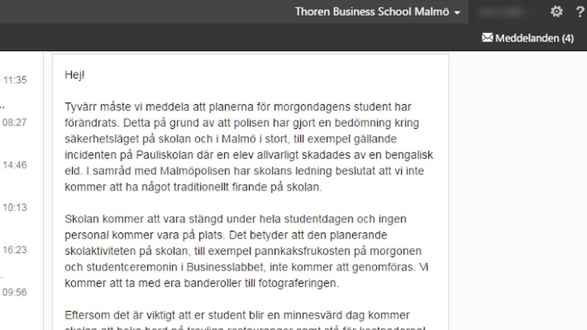 Mejl till eleverna som Nyheter24 fått ta del av.