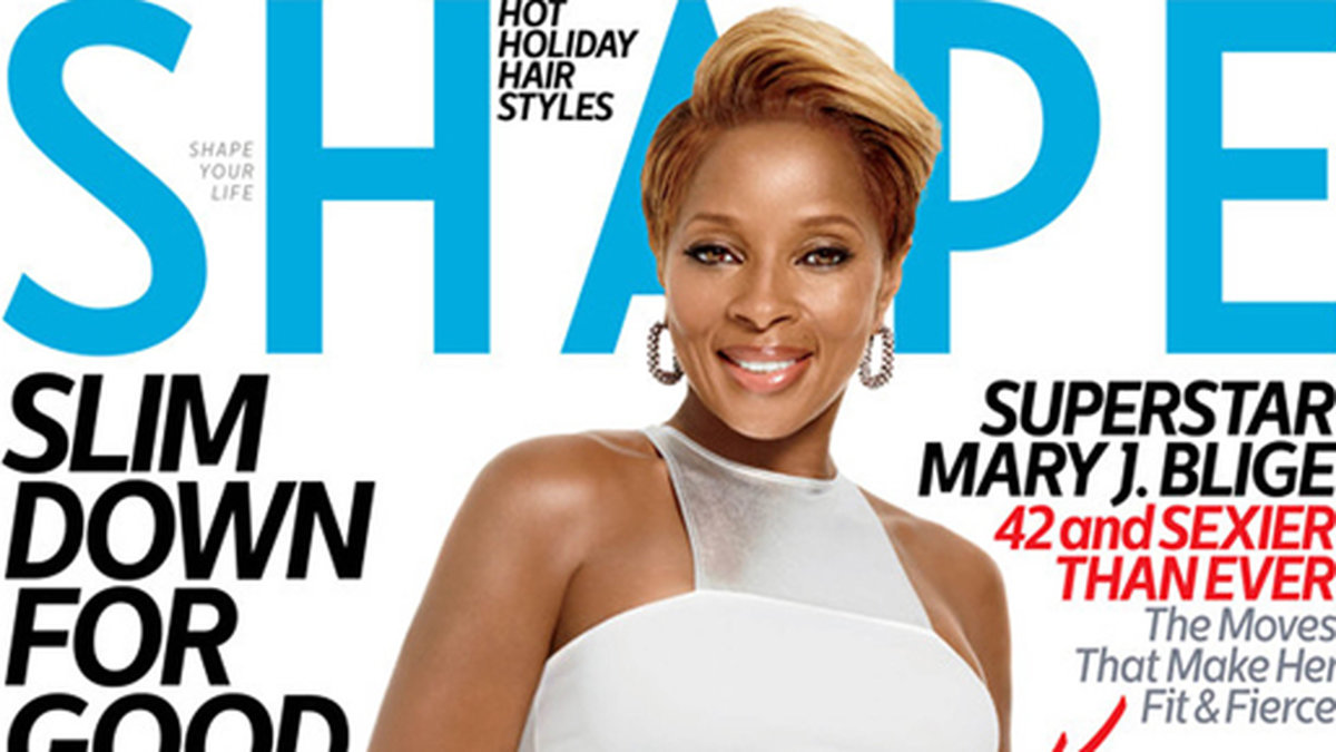 Mary J Blige visar sexpacket på omslaget till tidningen Shape. 