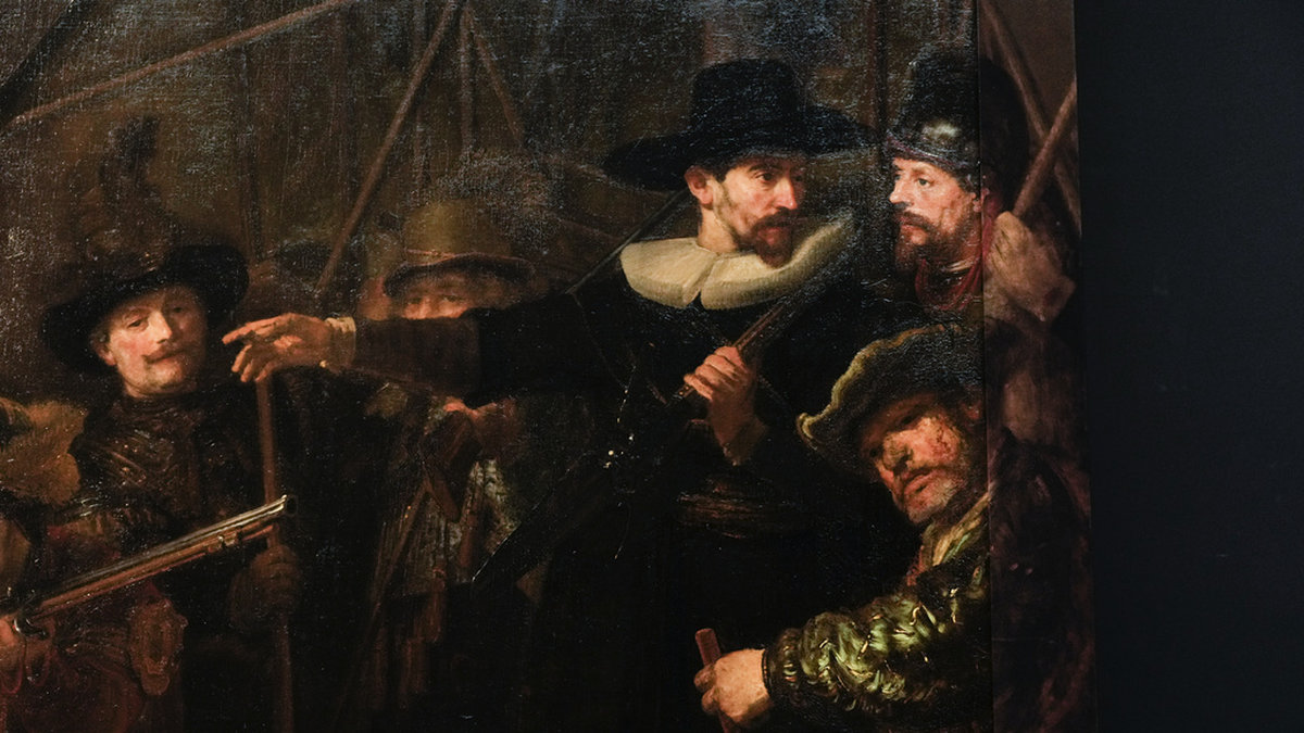 Utsnitt ur Rembrandts berömda målning 'Nattvakten'. Arkivbild