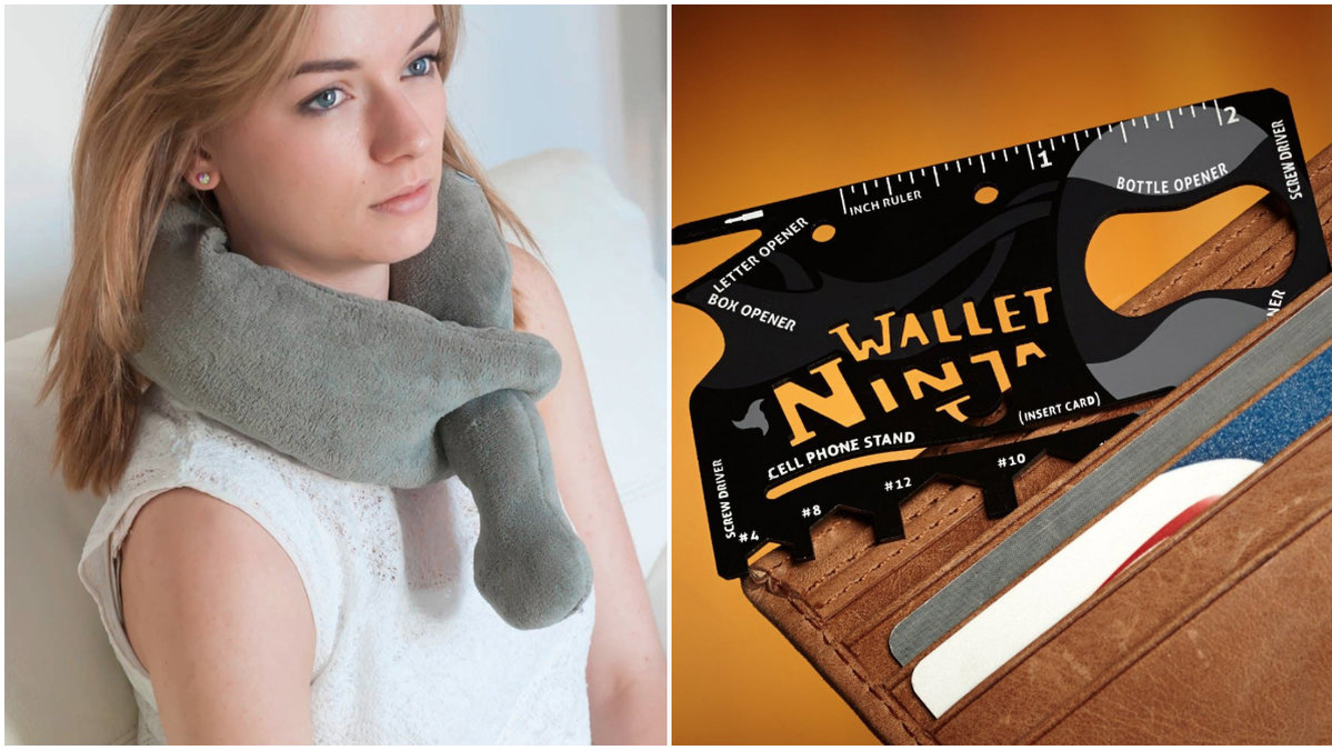 Collage med en kvinna som har en vibrerande kudde runt nacken och ett smart multiverktyg