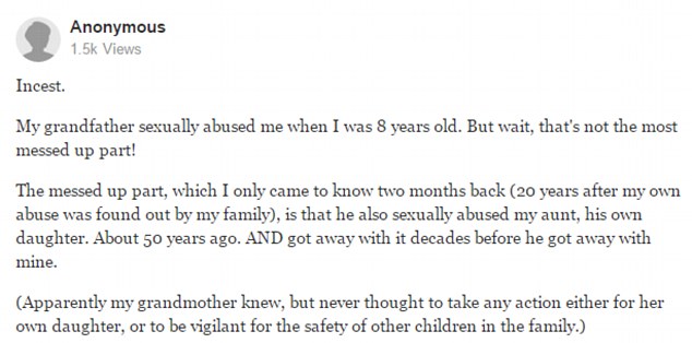 Incest.
Min farfar utnyttjade mig sexuellt när jag var åtta år gammal. Och det är inte den sjukaste delen.
Det sjuka delen, som jag fick reda på för två månader sen (20 år efter att min familj fått reda på att farfar utnyttjat mig), är i själva verket att han också utnyttjat min faster, hans egen dotter. 50 år sedan. OCH han kom undan med det decennium innan han kom undan med utnyttjandet av mig.
(Tydligen visste min farmor om detta, men gjorde ändå inget, inte ens för att rädda sitt eget barn, eller för familjen barns säkerhet.) Incest.
Min farfar utnyttjade mig sexuellt när jag var åtta år gammal. Och det är inte den sjukaste delen.
Det sjuka delen, som jag fick reda på för två månader sen (20 år efter att min familj fått reda på att farfar utnyttjat mig), är i själva verket att han också utnyttjat min faster, hans egen dotter. 50 år sedan. OCH han kom undan med det decennium innan han kom undan med utnyttjandet av mig.
(Tydligen visste min farmor om detta, men gjorde ändå inget, inte ens för att rädda sitt eget barn, eller för familjen barns säkerhet.)