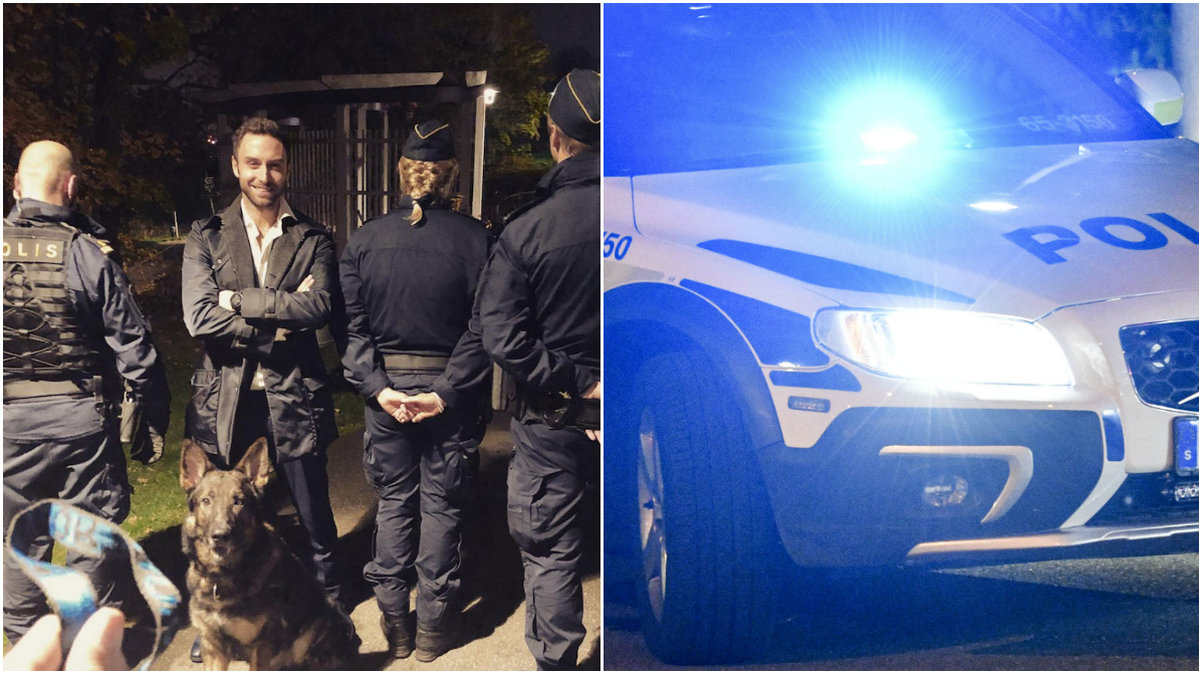 Måns Zelmerlöw med poliser, polisbil.