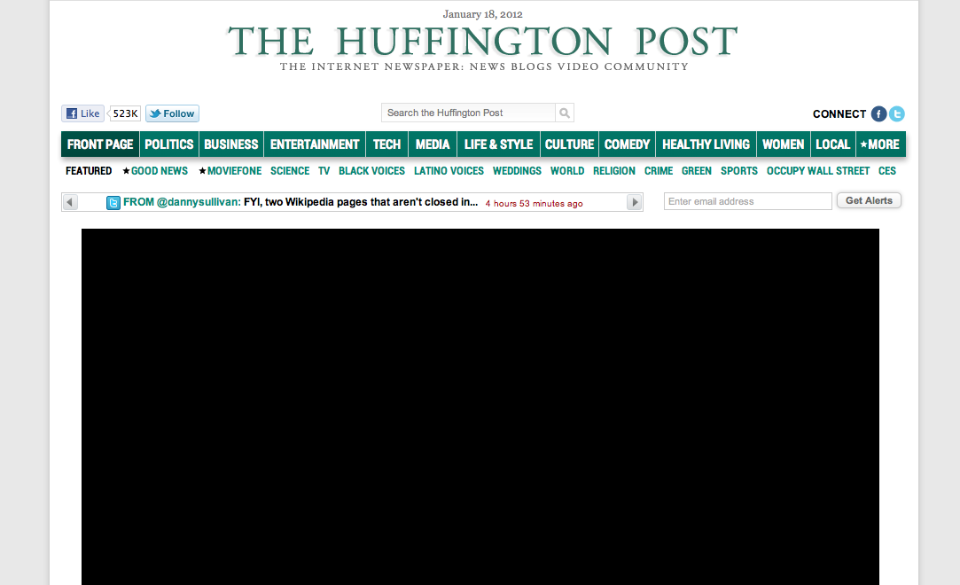 Huffington Posts amerikanska sajt pushar för sin nyhet om SOPA-blackouten med en egen protest. Huffington Posts amerikanska sajt pushar för sin nyhet om SOPA-blackouten med en egen protest.