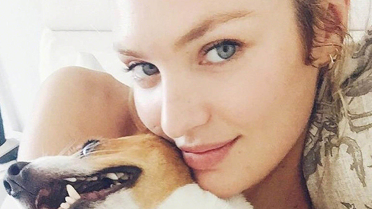 Candice Swanepoel tar en selfie med jycken. 
